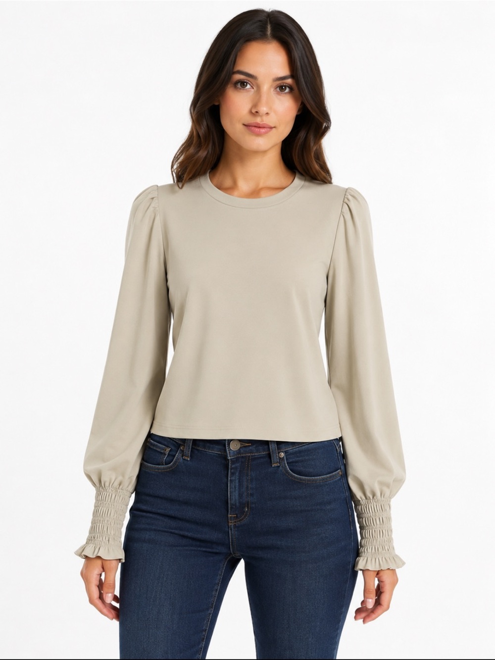 Bagatelle Women’s Faux Leather Puff Sleeve Top Crème Career Casual Size M